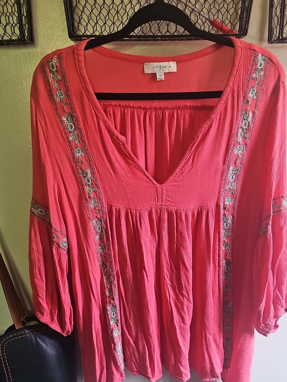 Umgee Coral Pink Embroidered V-Neck Boho Tunic
